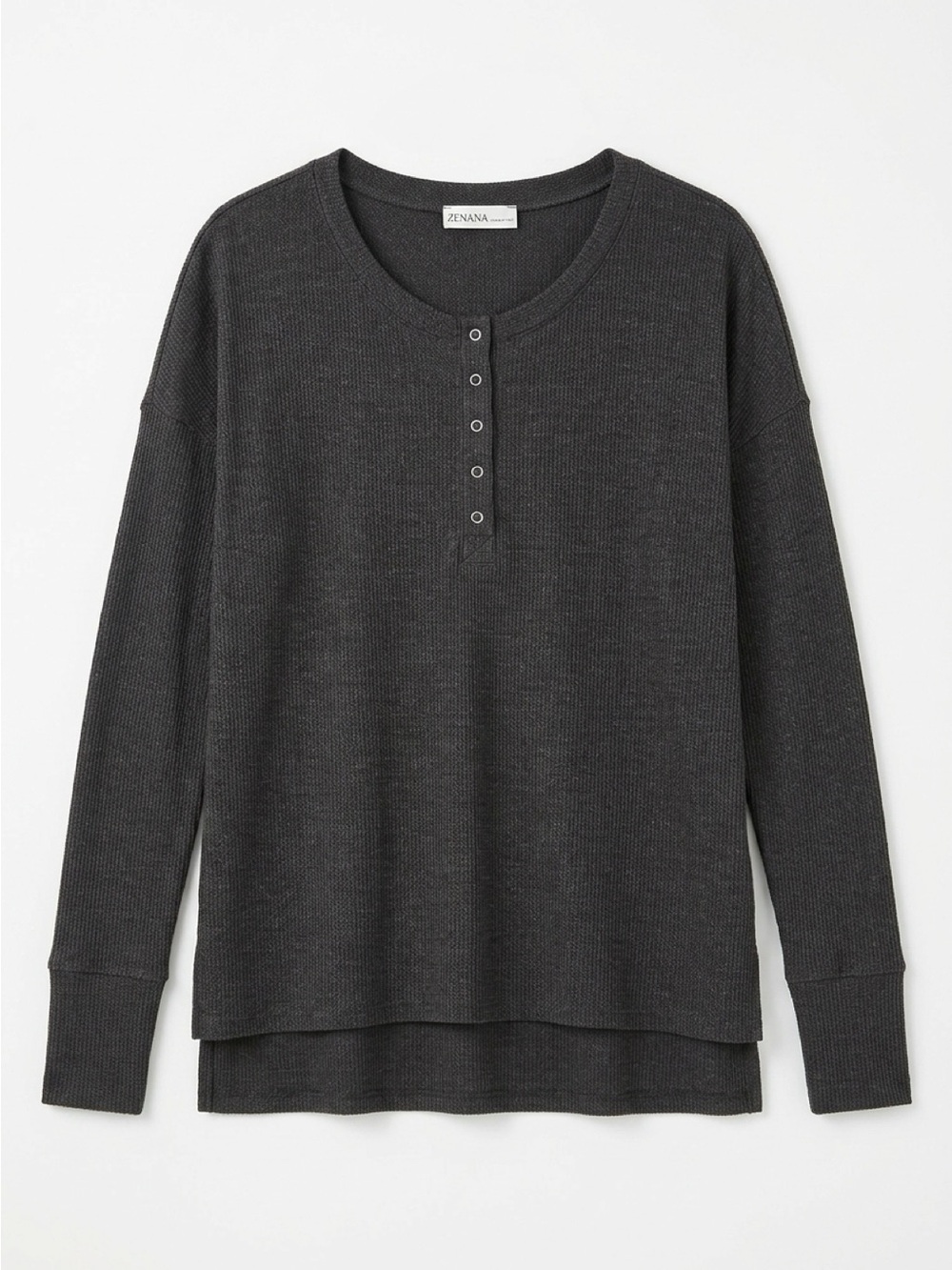 Zenana Charcoal Gray Waffle Knit Henley Top Thumbholes Side Slits L NWT
